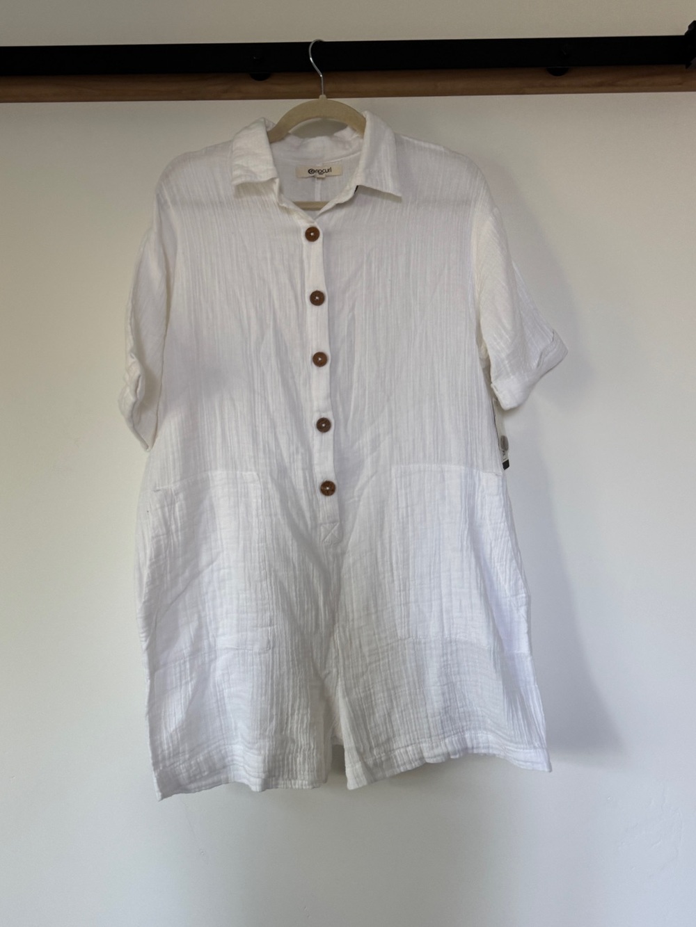 Rip Curl White Short-Sleeve Romper with Wooden Buttons